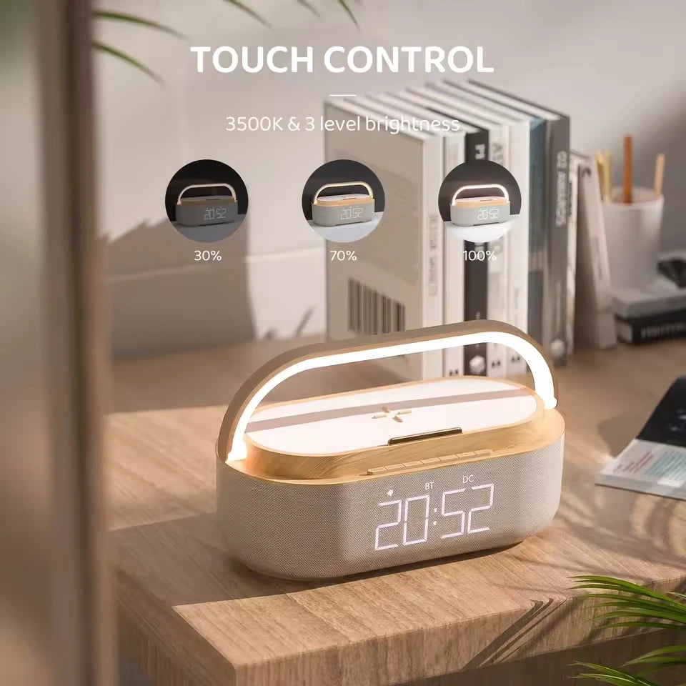 Portable Bluetooth Speaker with Digital Clock and Wireless Charging