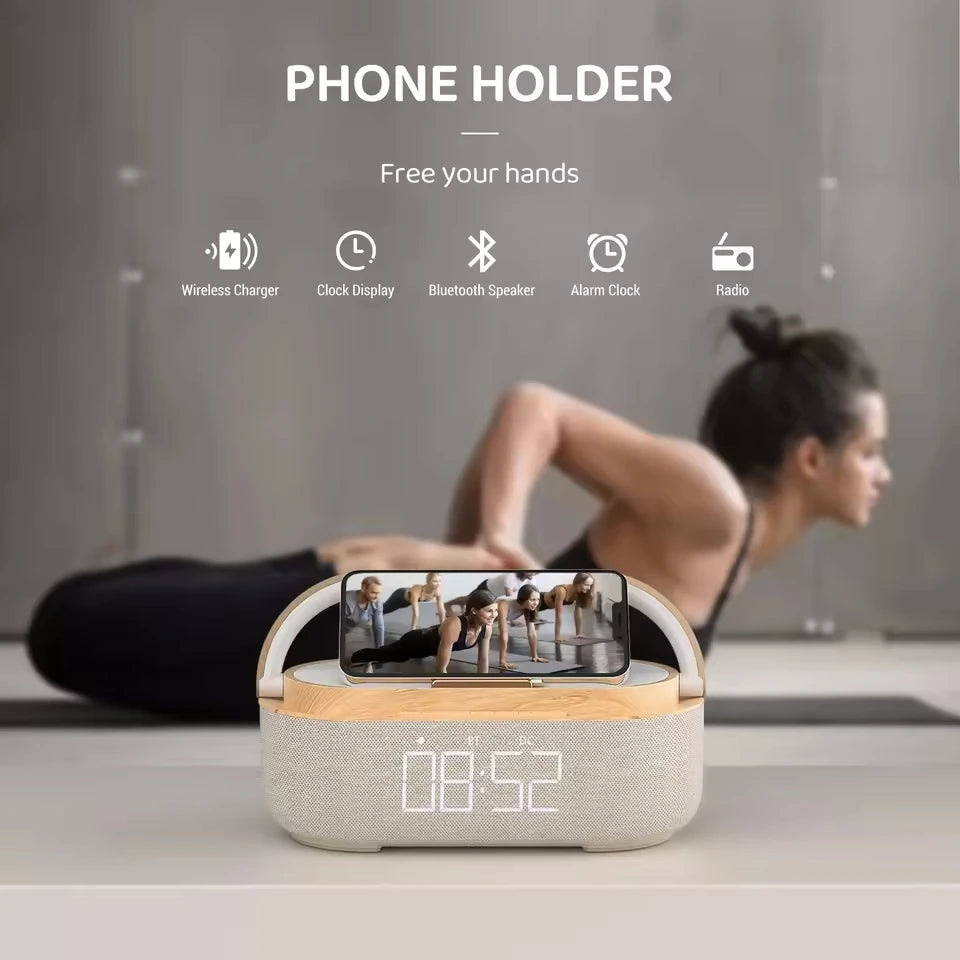 Portable Bluetooth Speaker with Digital Clock and Wireless Charging