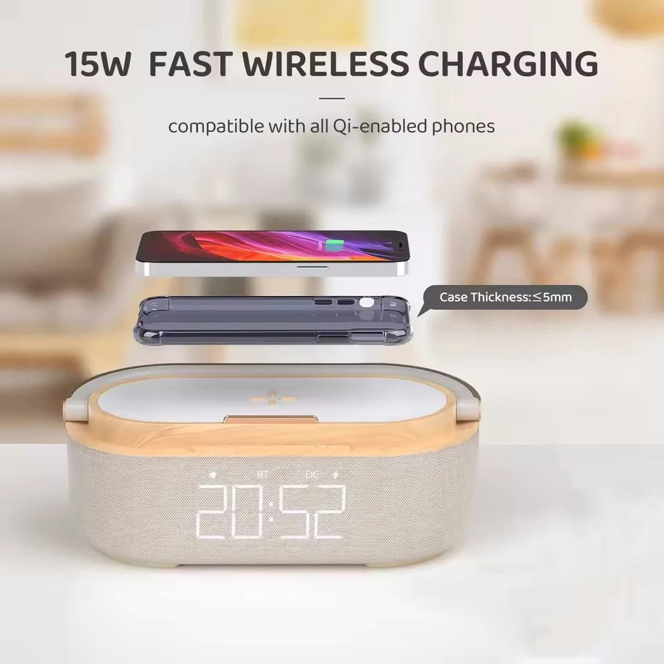 Portable Bluetooth Speaker with Digital Clock and Wireless Charging