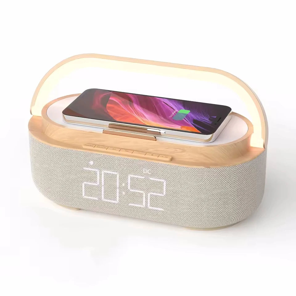 Portable Bluetooth Speaker with Digital Clock and Wireless Charging