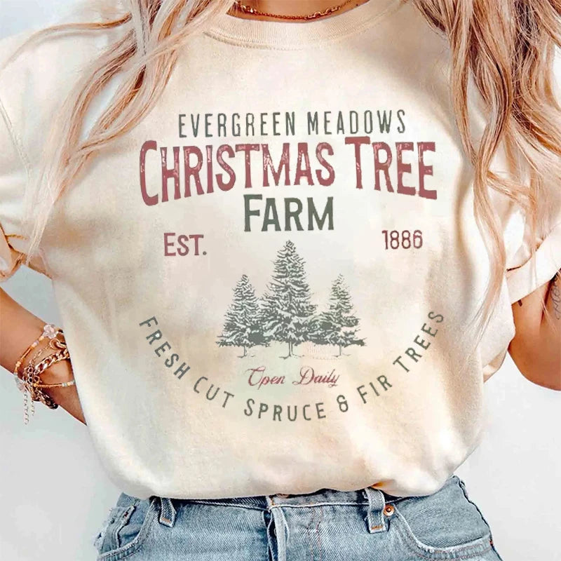 Christmas Tree Farm Graphic T Shirt Women Hip Hop Streetwear Christmas Fashion Casual Cute T-shirts Short Sleeve Cotton Tee Tops