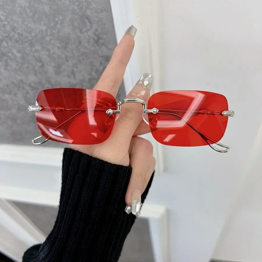 Retro Futuristic Rimless Sunglasses – Red & Blue
