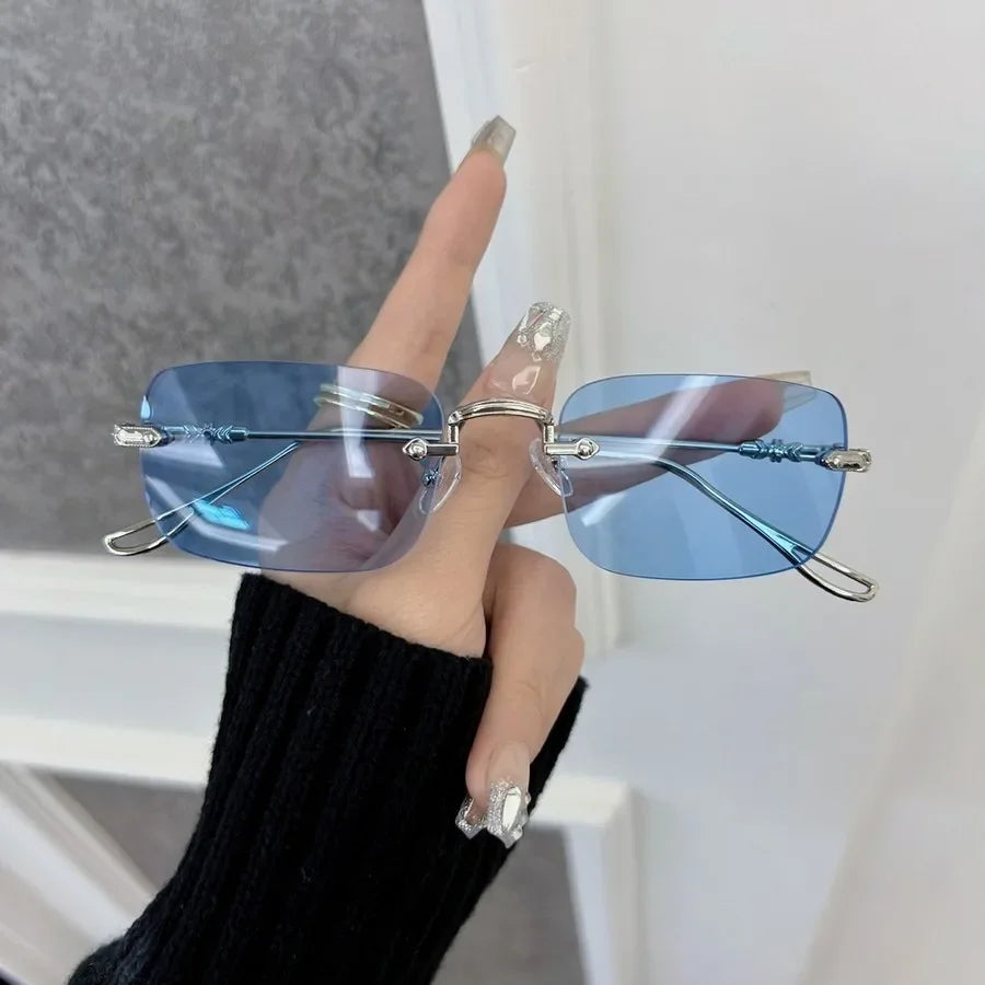 Retro Futuristic Rimless Sunglasses – Red & Blue