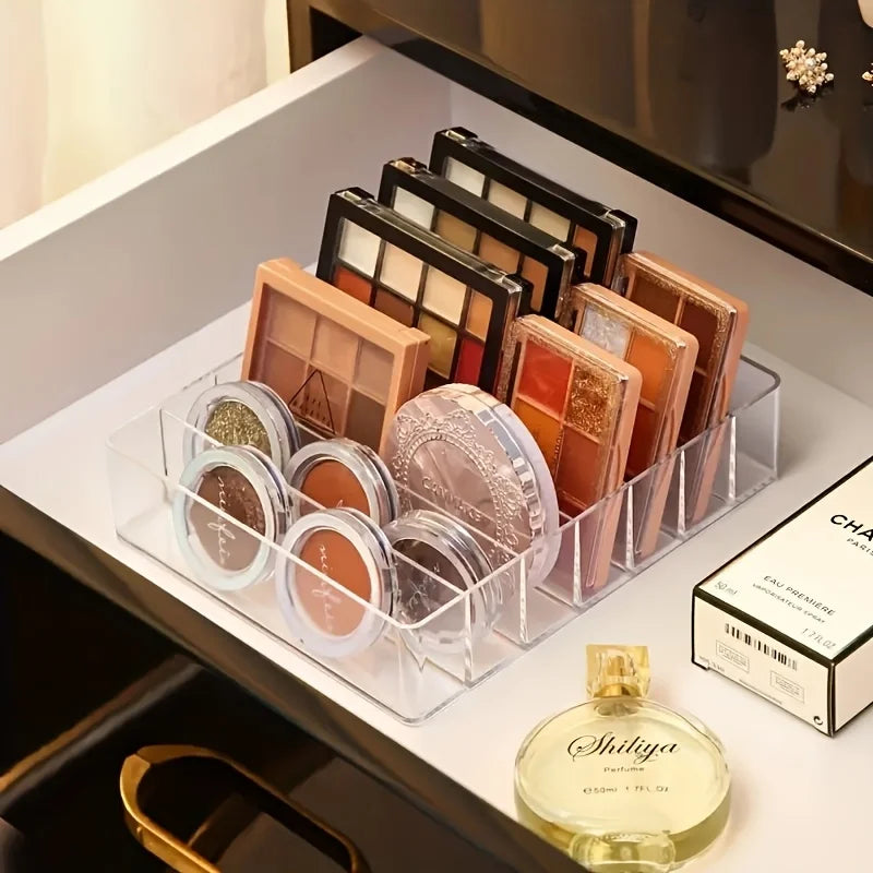 7-Compartment Clear Plastic Makeup Organizer - Lipstick & Eyeshadow Holder, Cosmetic Storage Tray for Bathroom Essentials