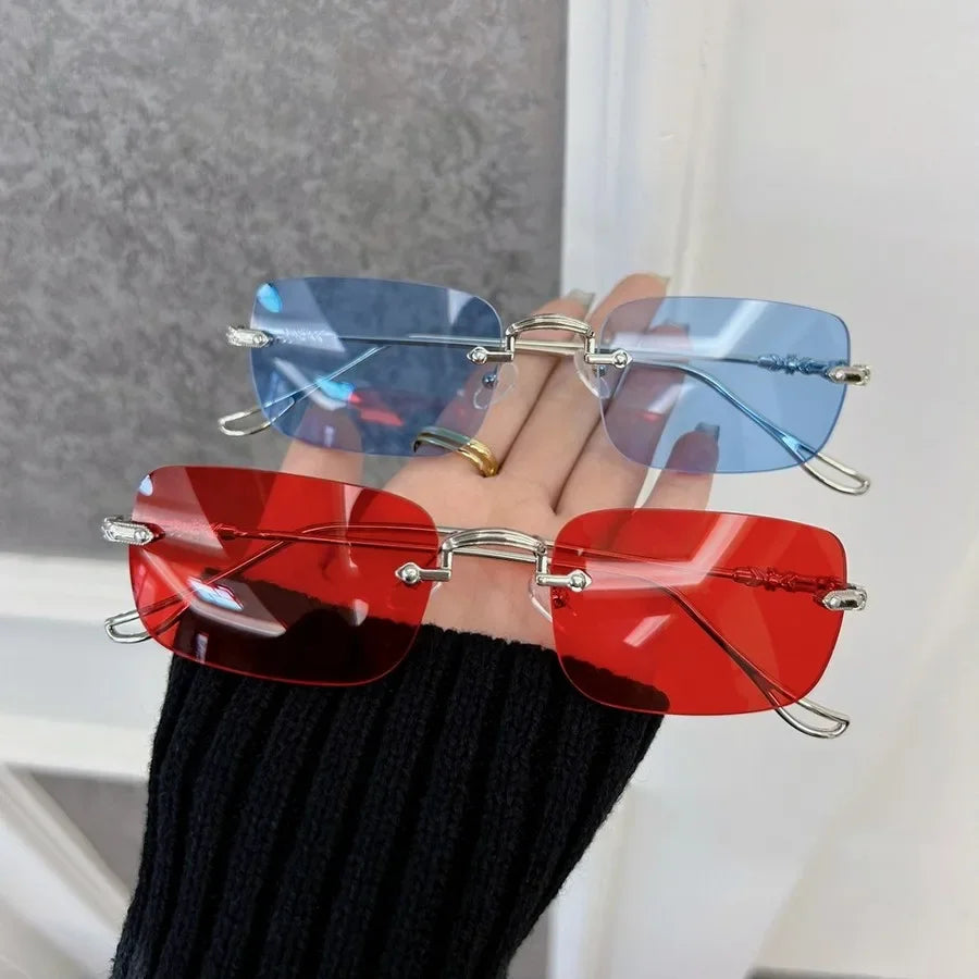 Retro Futuristic Rimless Sunglasses – Red & Blue