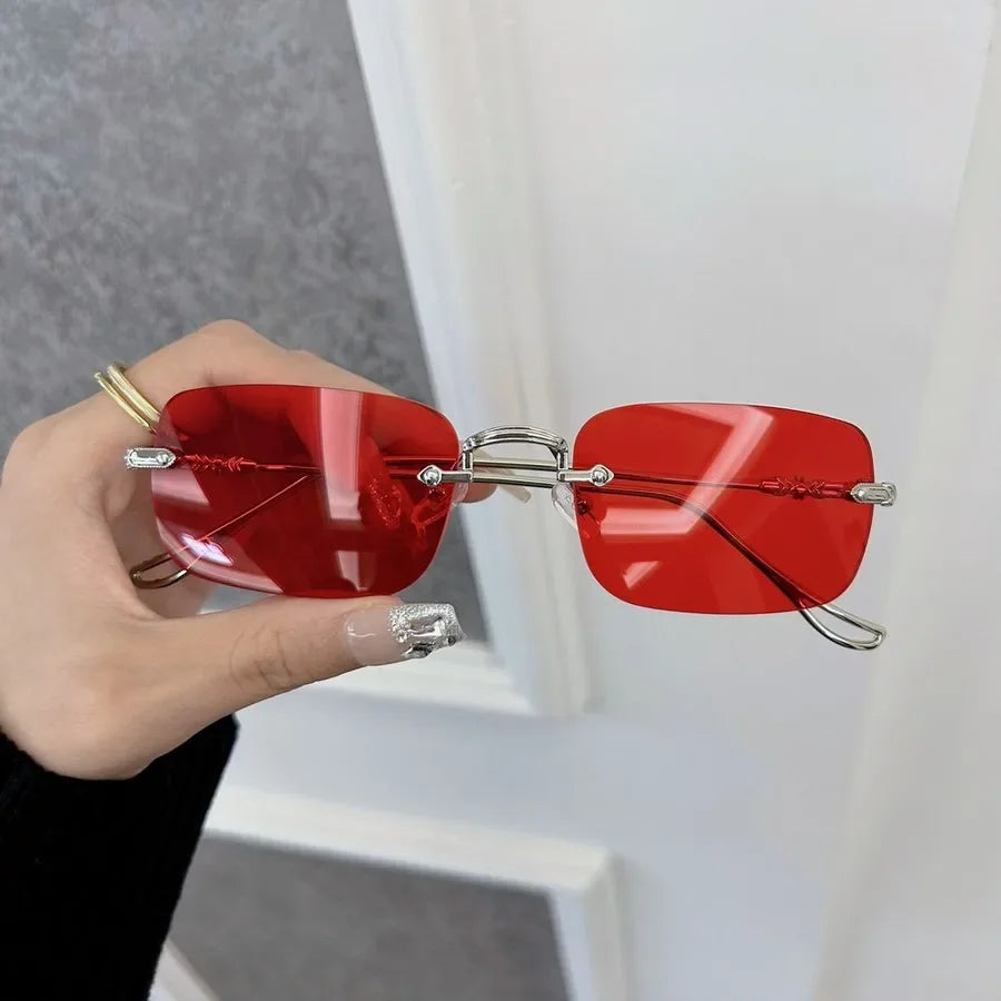 Retro Futuristic Rimless Sunglasses – Red & Blue