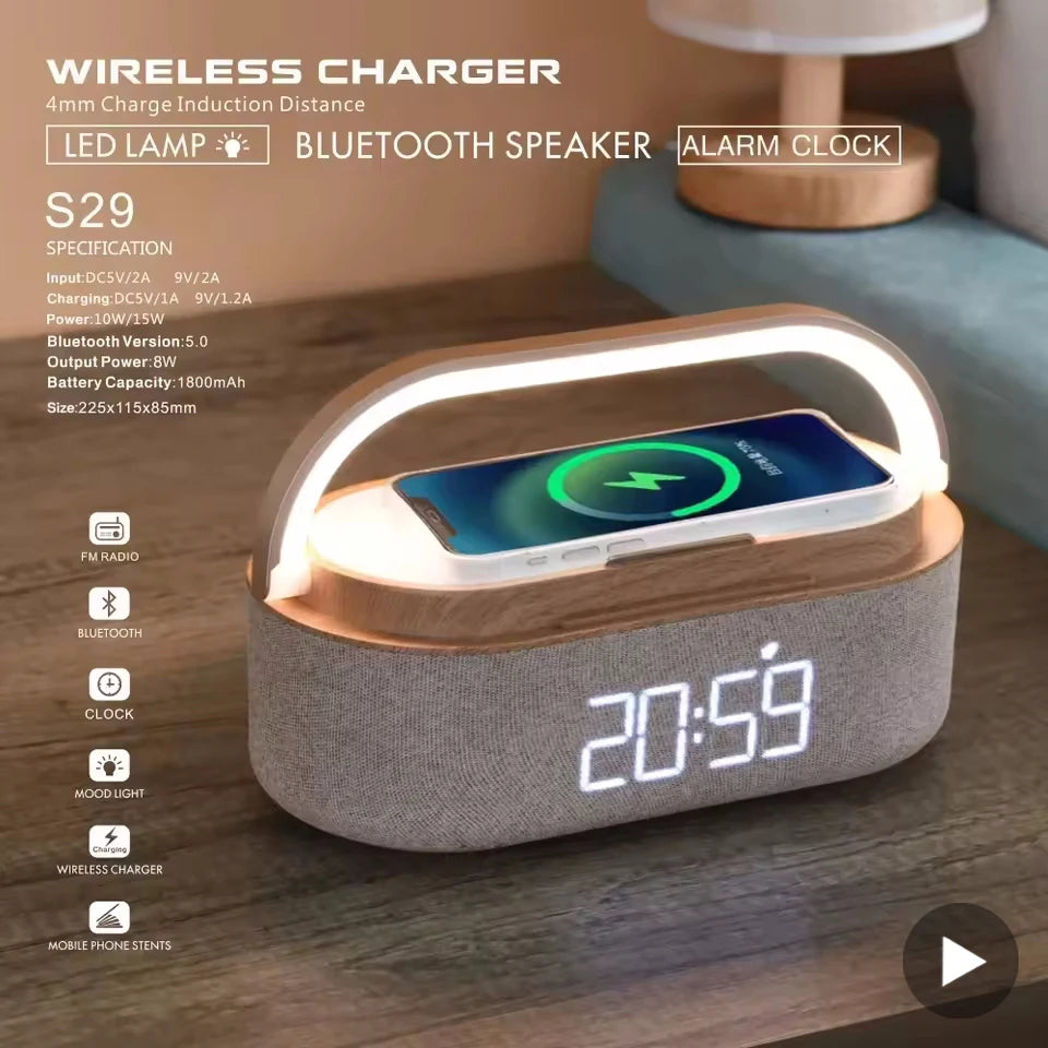 Portable Bluetooth Speaker with Digital Clock and Wireless Charging