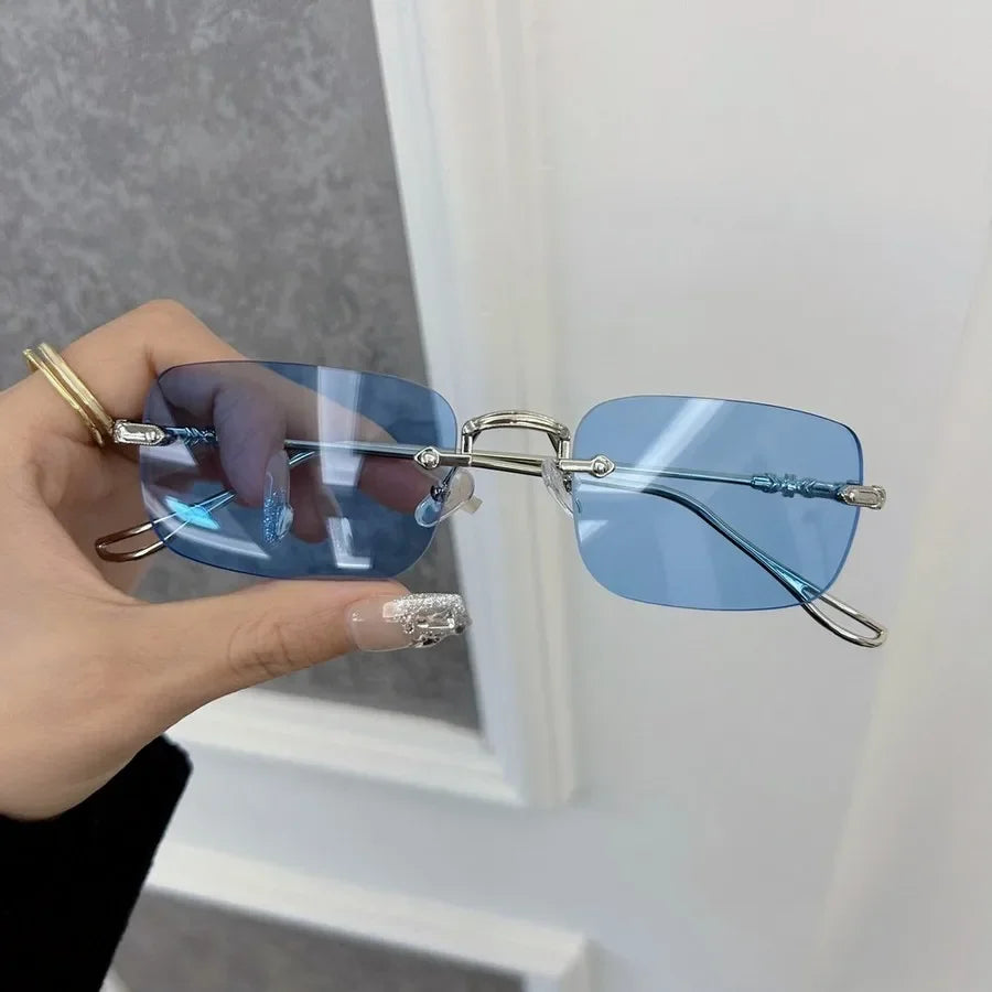 Retro Futuristic Rimless Sunglasses – Red & Blue
