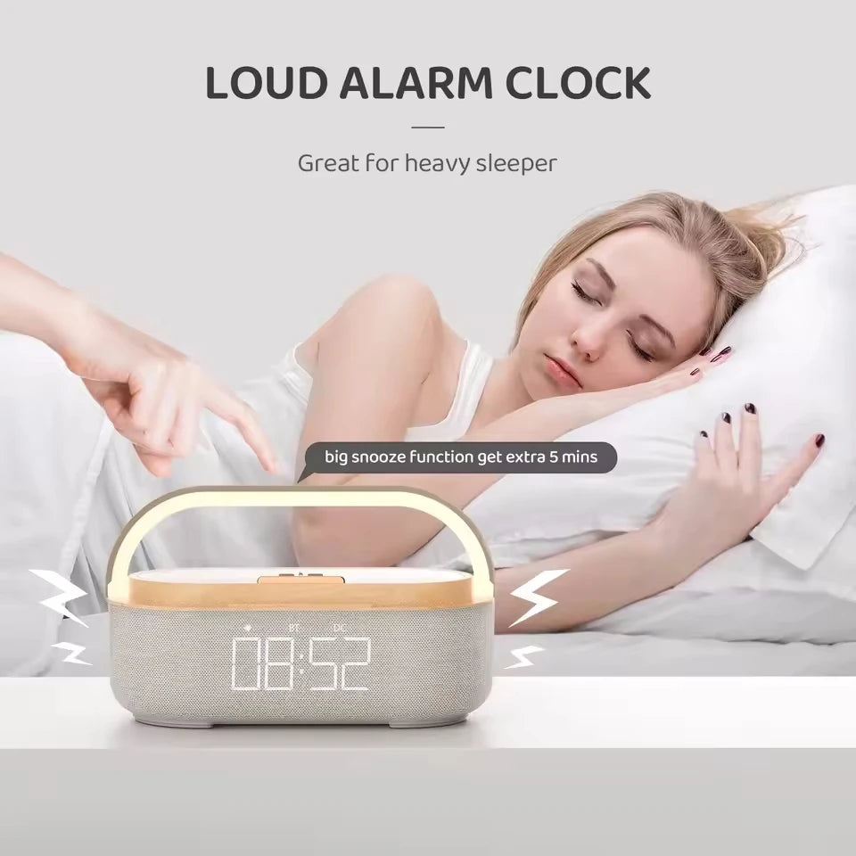 Portable Bluetooth Speaker with Digital Clock and Wireless Charging
